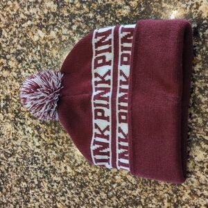 PINK Victoria's Secret Pom Pom Beanie Fold Over Spell out